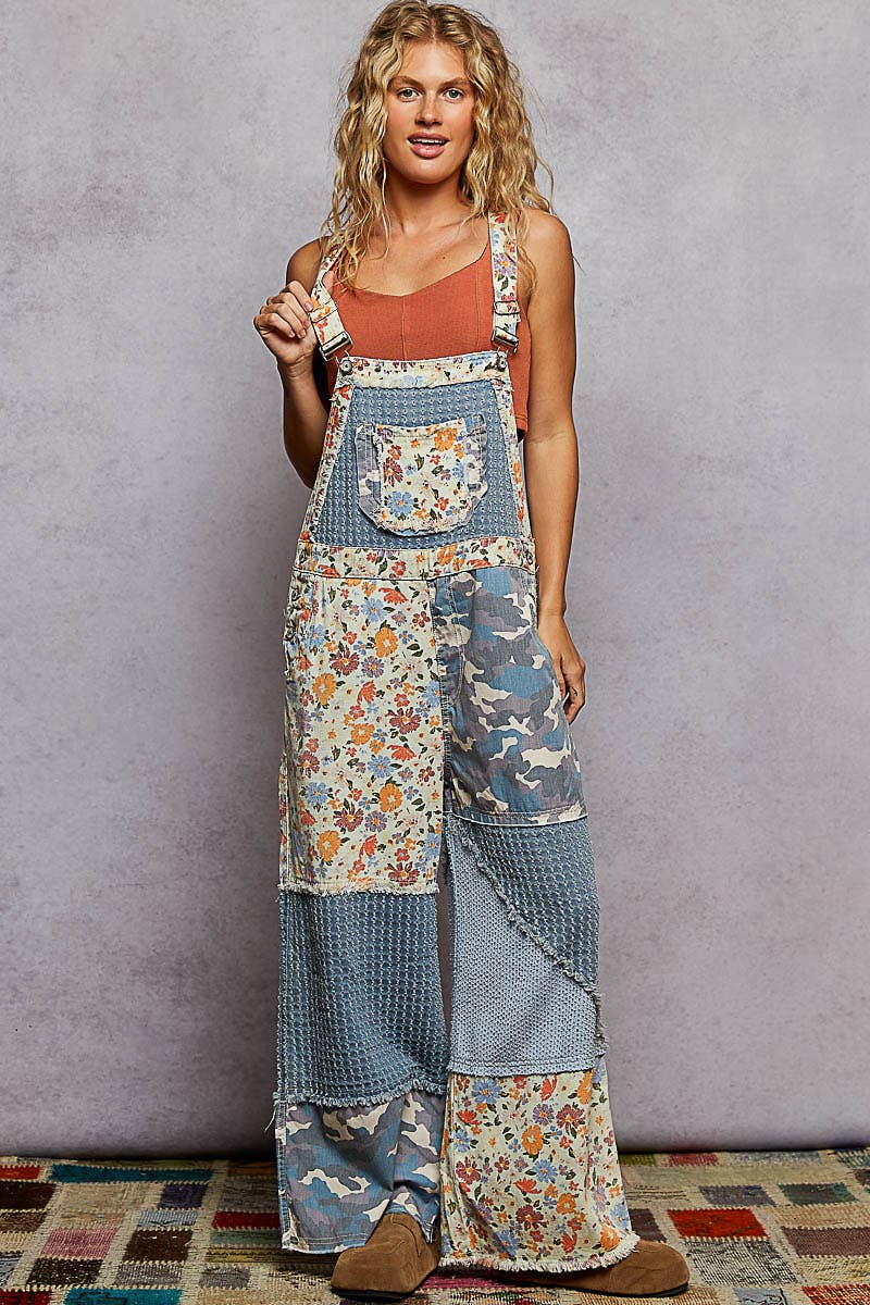 Amelia printed floral print frayed edge twill woven overalls