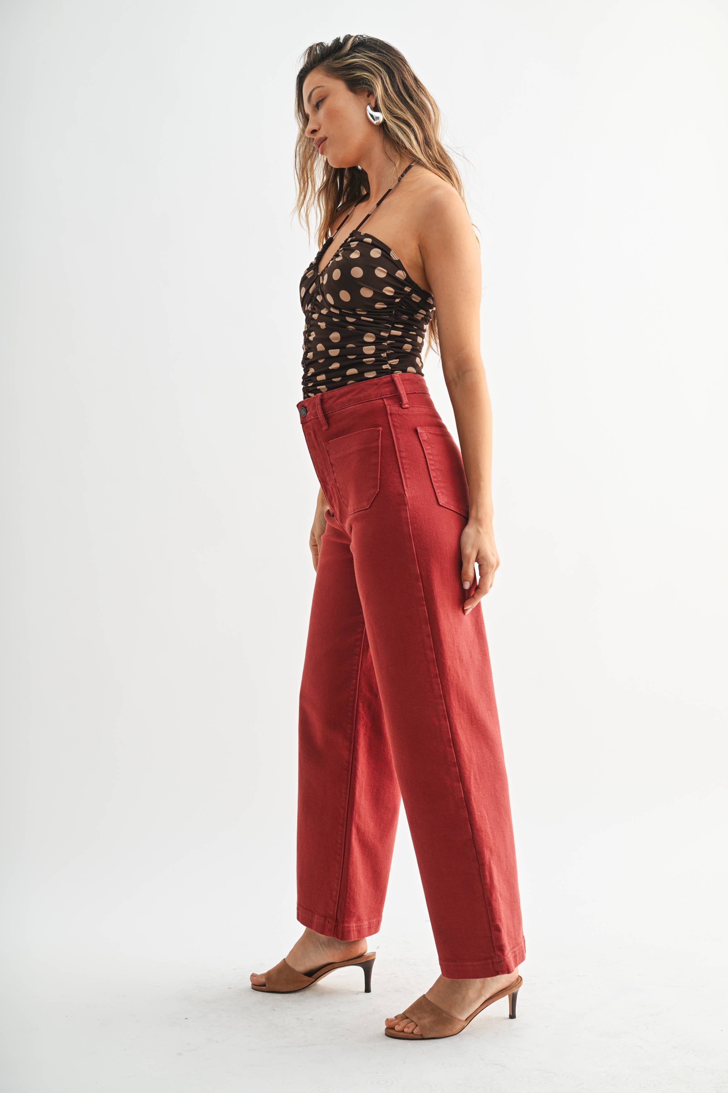 Just Black Denim Burgundy - Patch Pocket Wide Leg