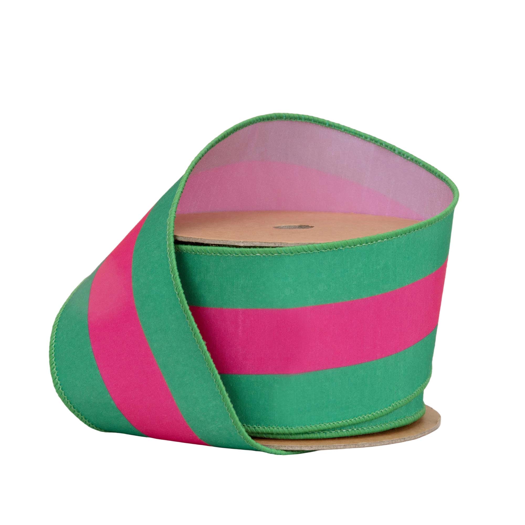 Wired Dupioni Ribbon Hot Pink Green Stripe 10 Yard Roll