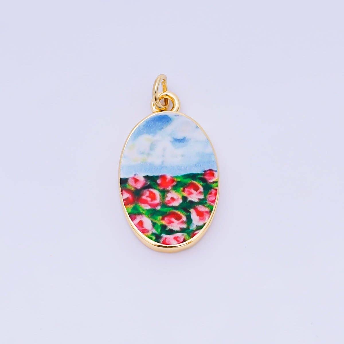24K Gold Filled Enamel Art Oval Spring Charm in Flower, Butterfly, & Nature