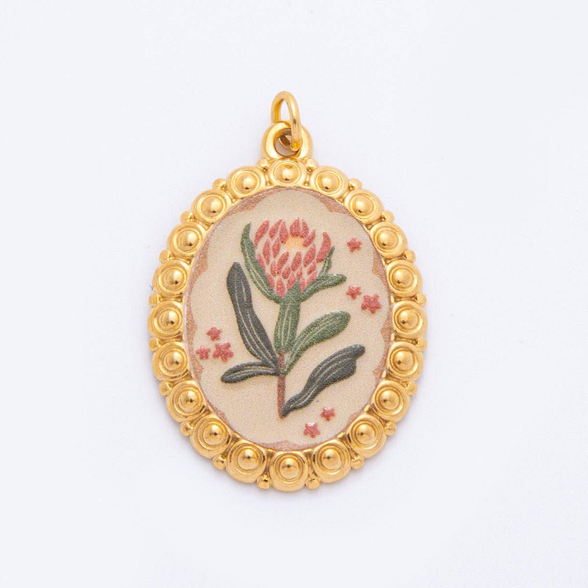 Gold Stainless Steel 33.5mm Hand-Painted Enamel Red Flower Charm
