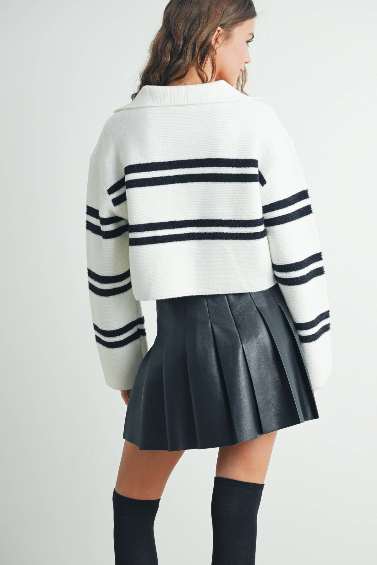 Stripe Crop Collar Sweater Top - BMW7393