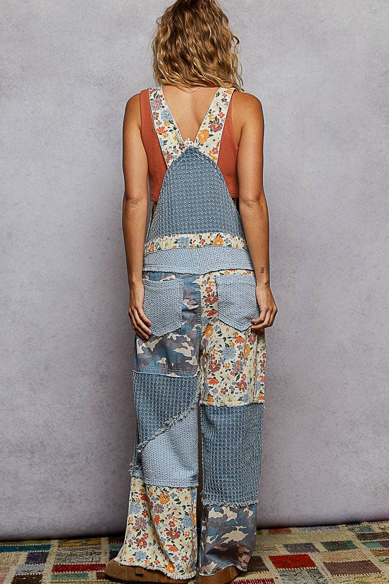 Amelia printed floral print frayed edge twill woven overalls