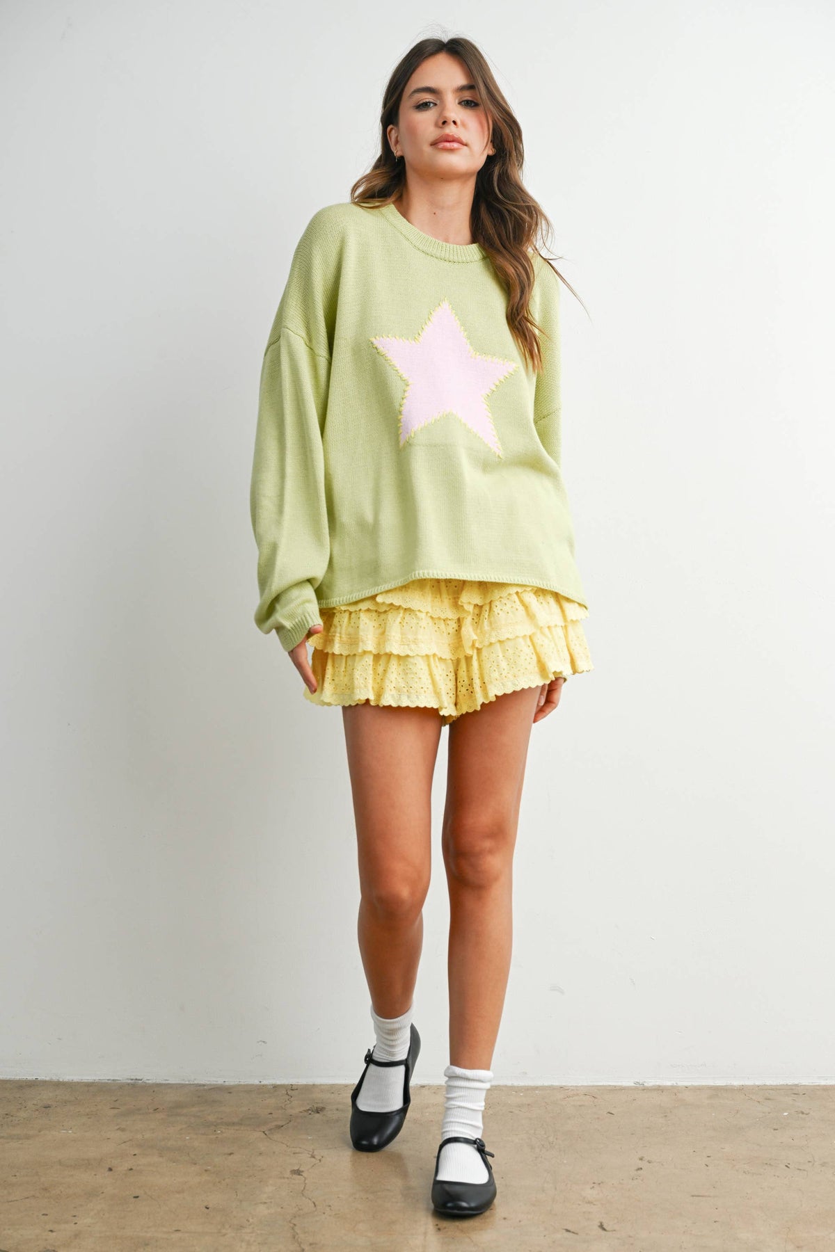 Drop Shoulder Star Pattern Sweater - BMW7756