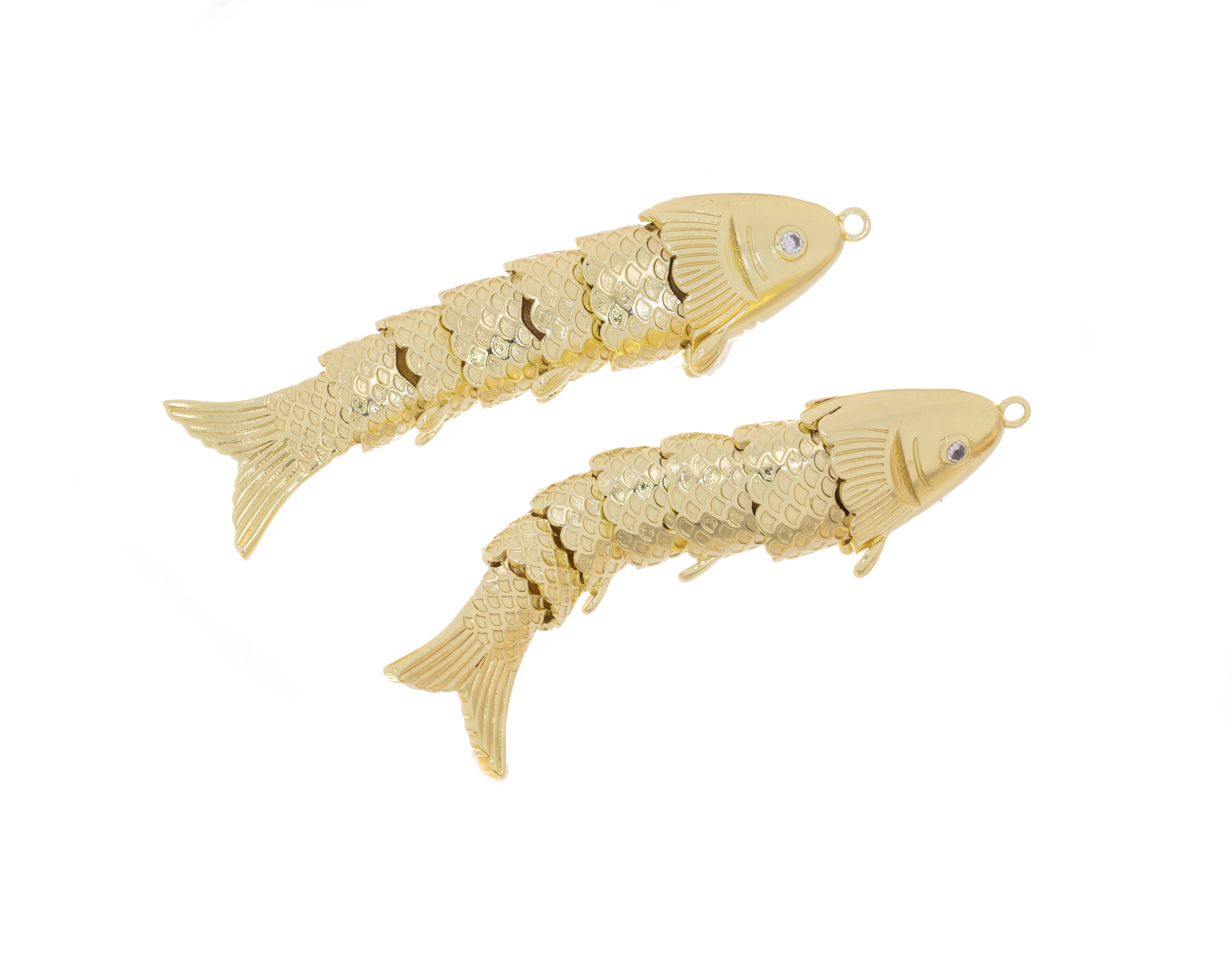 Gold Twirling Large Fish Charm with CZ For Jewelry