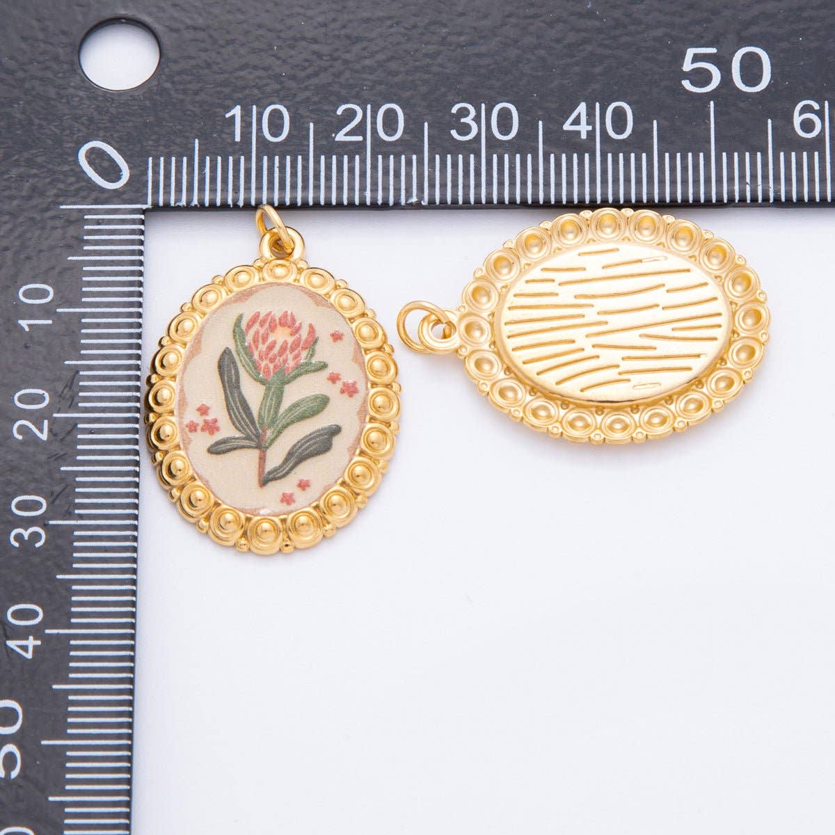 Gold Stainless Steel 33.5mm Hand-Painted Enamel Red Flower Charm