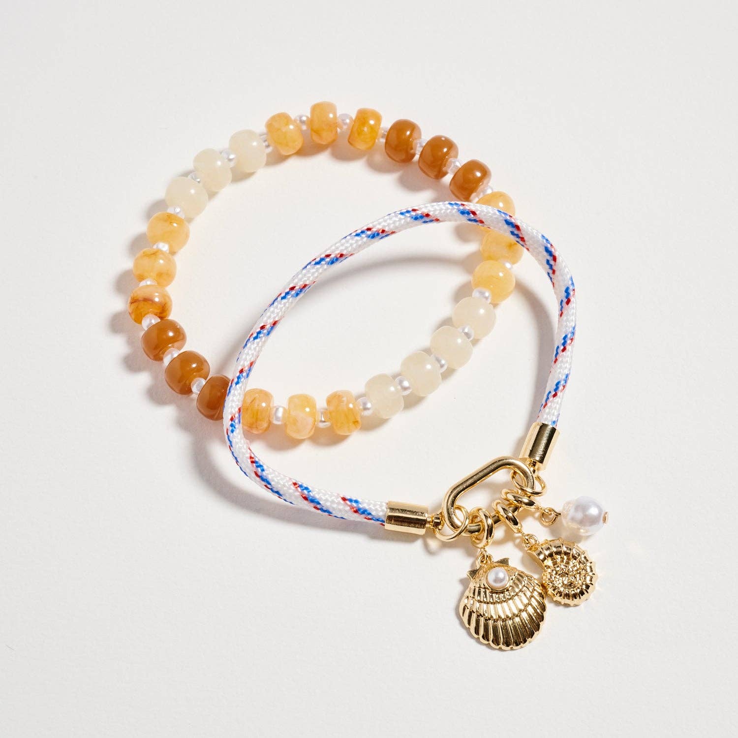 Double Layer Beaded Stretch & Cord Bracelet with Gold Tone Charms