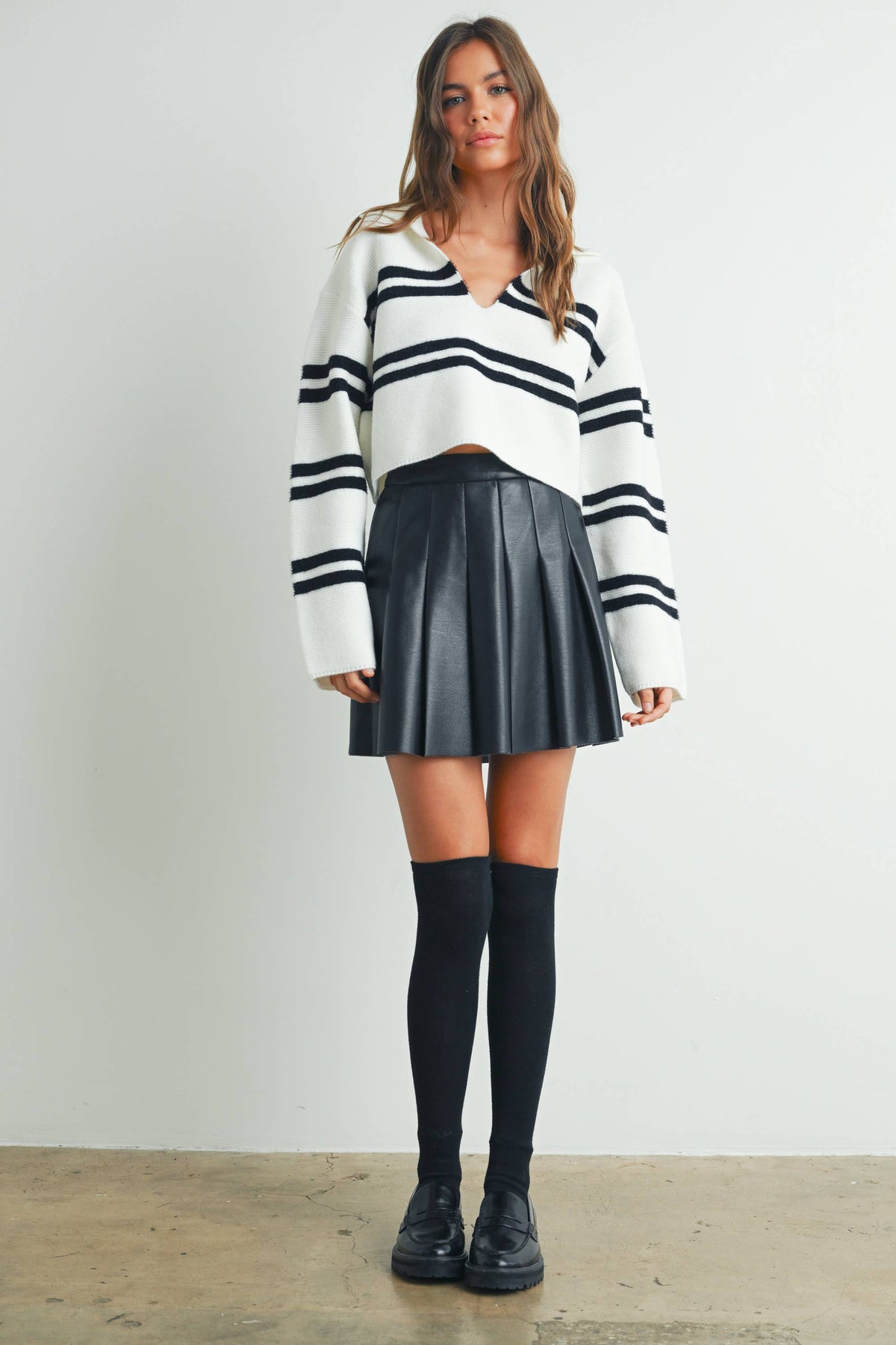 Stripe Crop Collar Sweater Top - BMW7393