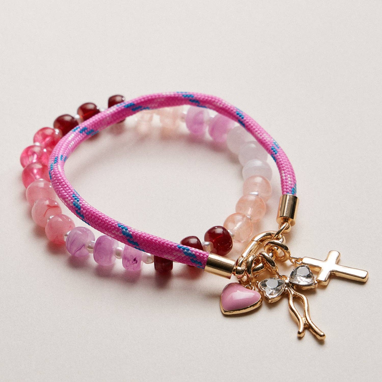 Double Layer Beaded Stretch & Cord Bracelet with Gold Tone Charms