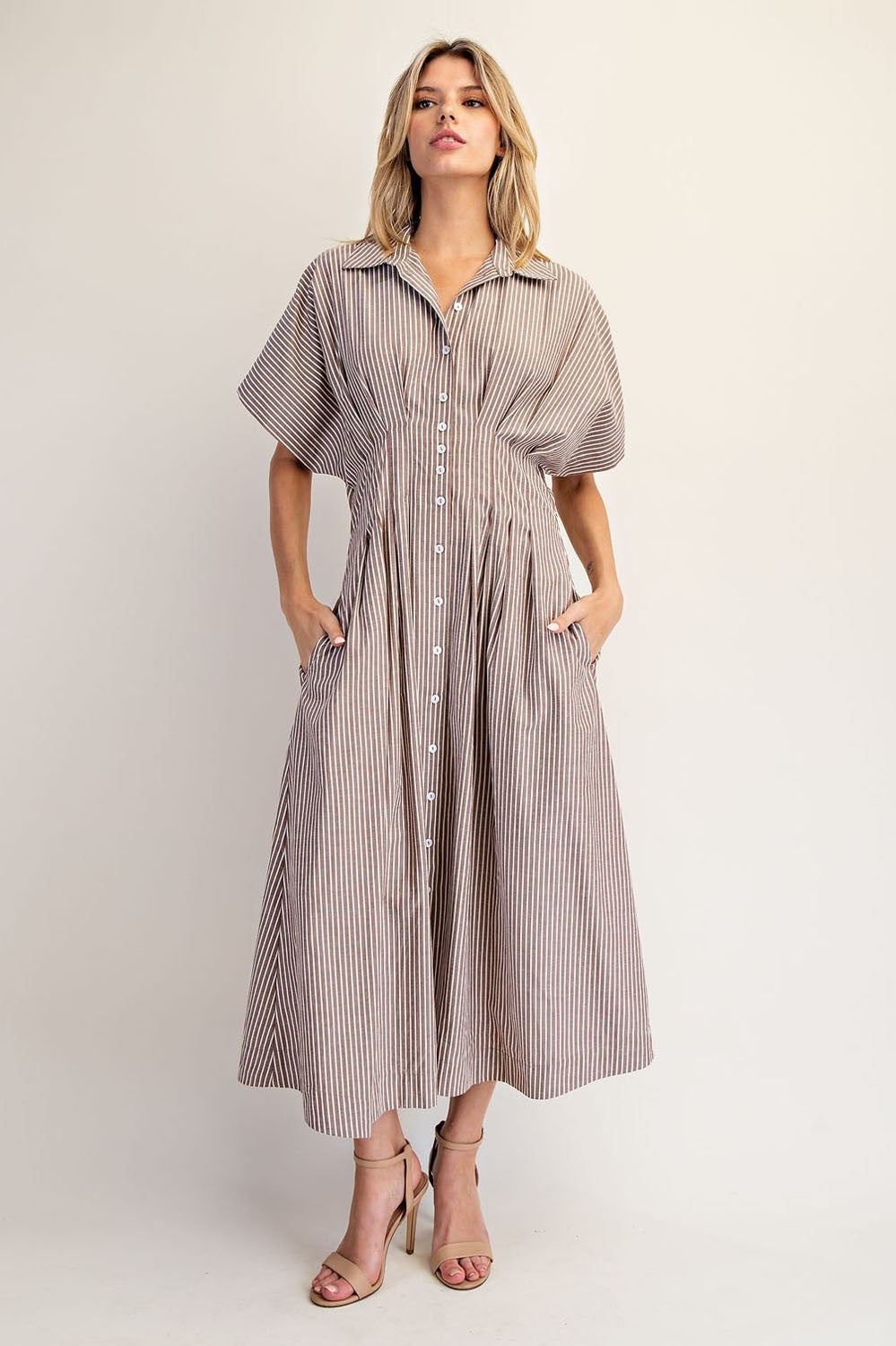 Coco Striped Dolman Sleeve Pleated Maxi Dress