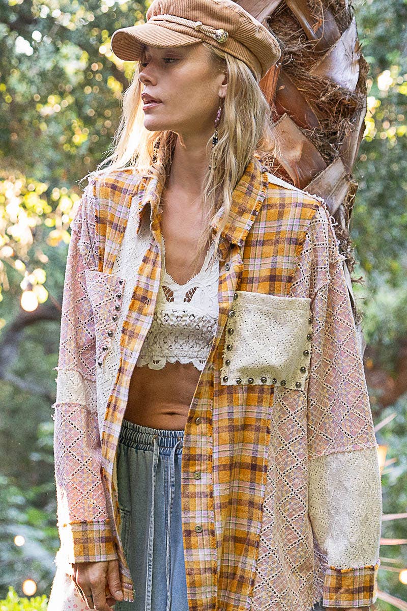 Oversized long sleeve lace contrast shirt in plaid