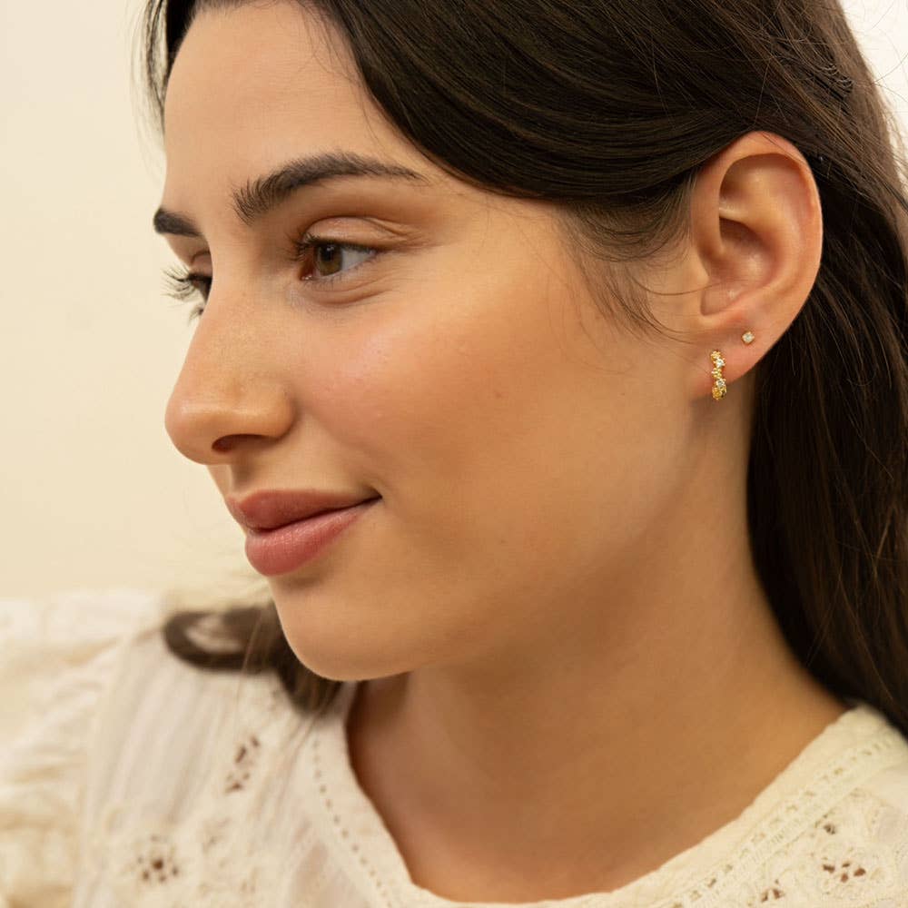 Tiny Flower and CZ Huggie Hoop Earrings