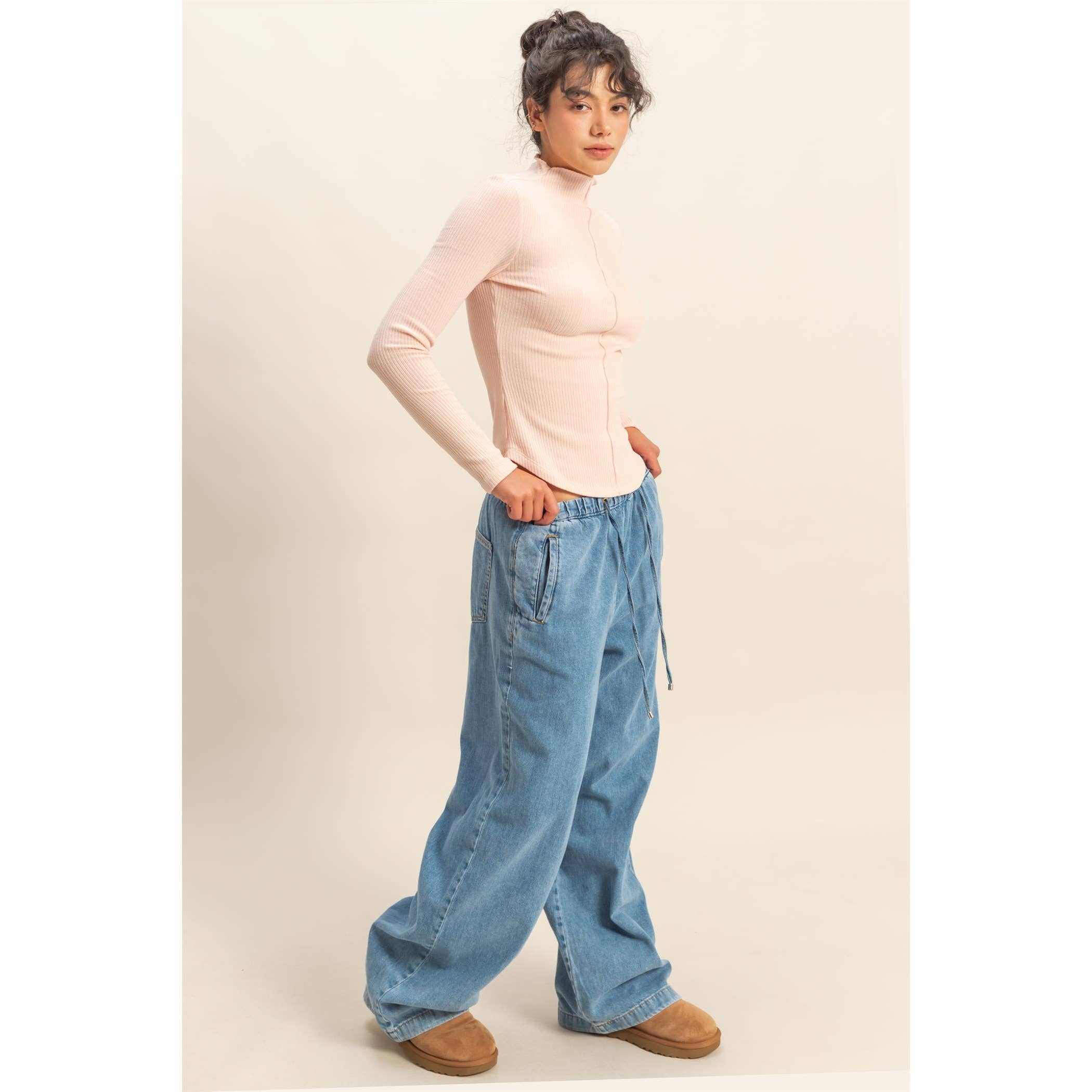 Ribbed High Neck Seam Detail Long Sleeve Top