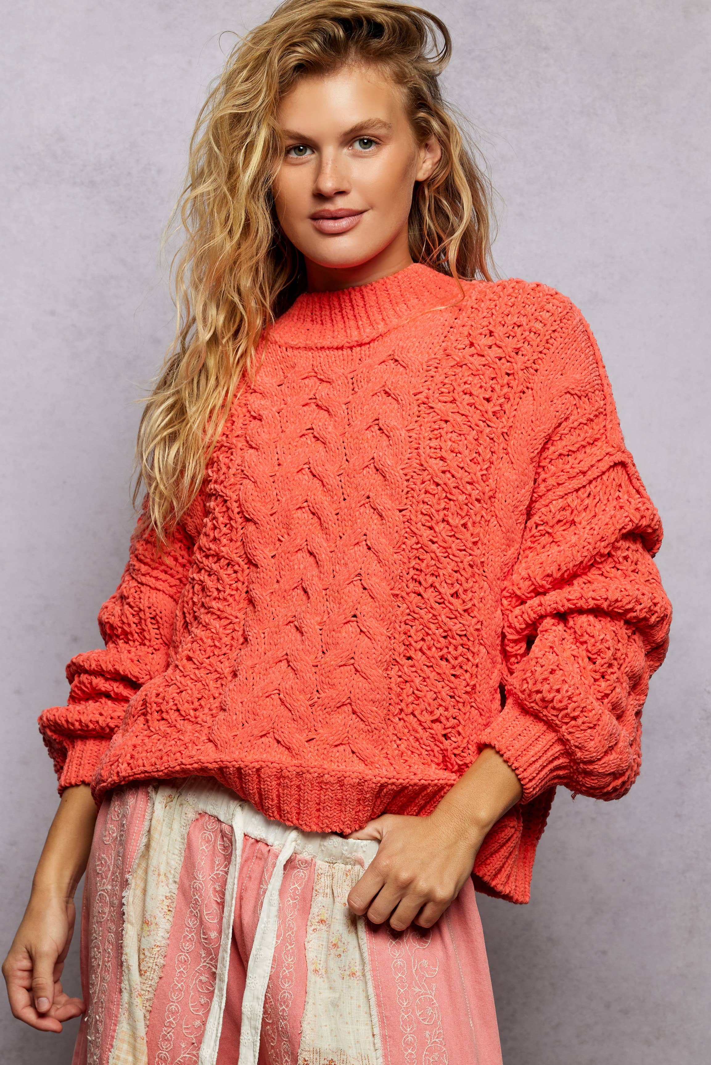 Mock Neck Balloon Sleeve Cable Knit Pullover Sweater