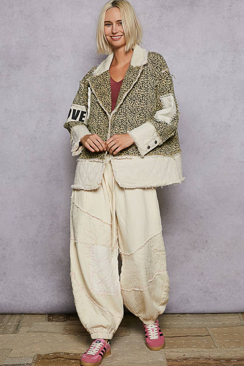 Colorblocked twill patch studded back heart jacket