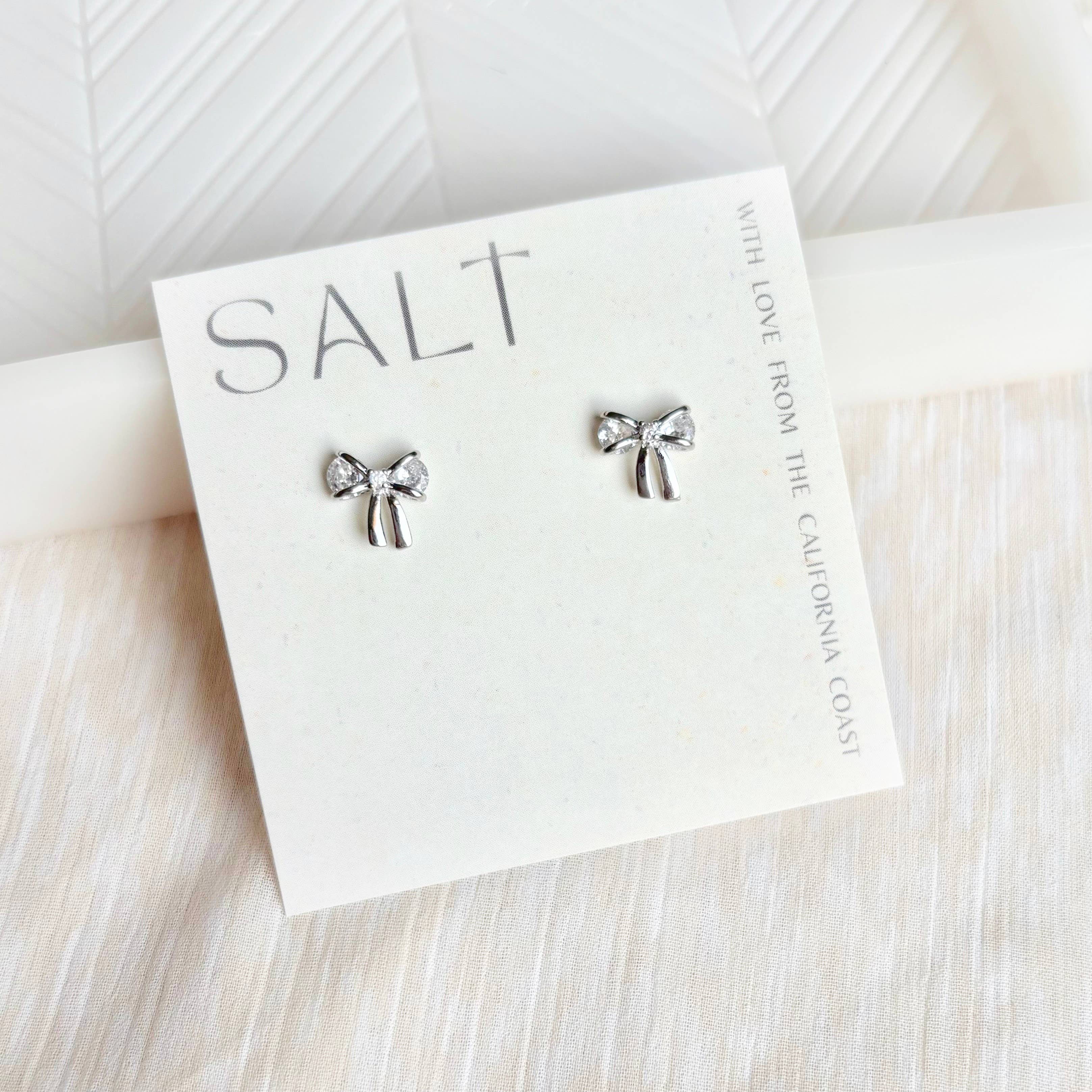 SILVER BOW STUDS | dainty crystal bow stud earrings