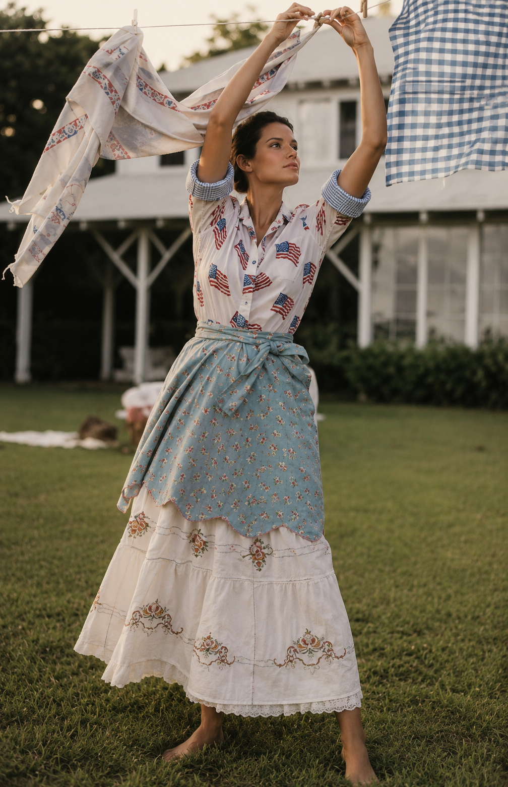 3/4 Sleeve Cotton Flag Print Blouse in White ships June 1