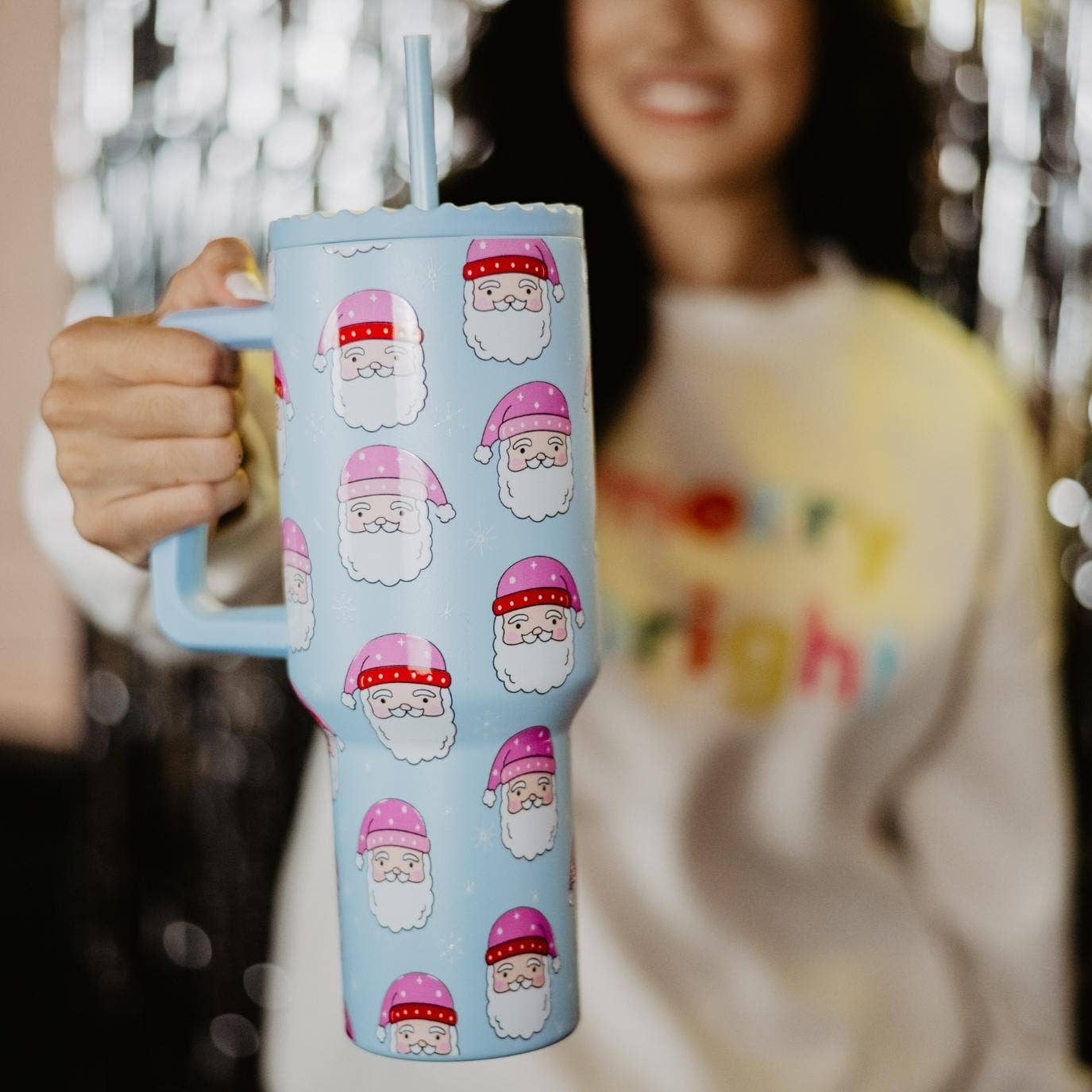 Pink Santa Hats Christmas Blue Tumbler