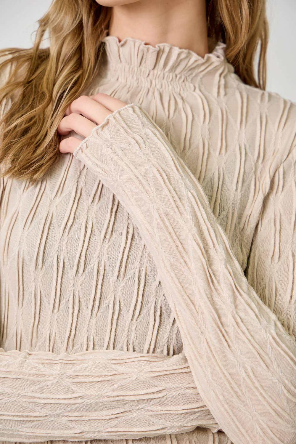 61147 Lettuce Edge Textured Knit Top