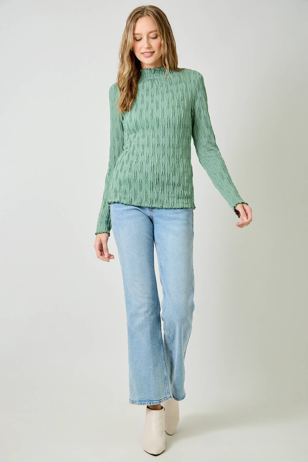 61147 Lettuce Edge Textured Knit Top