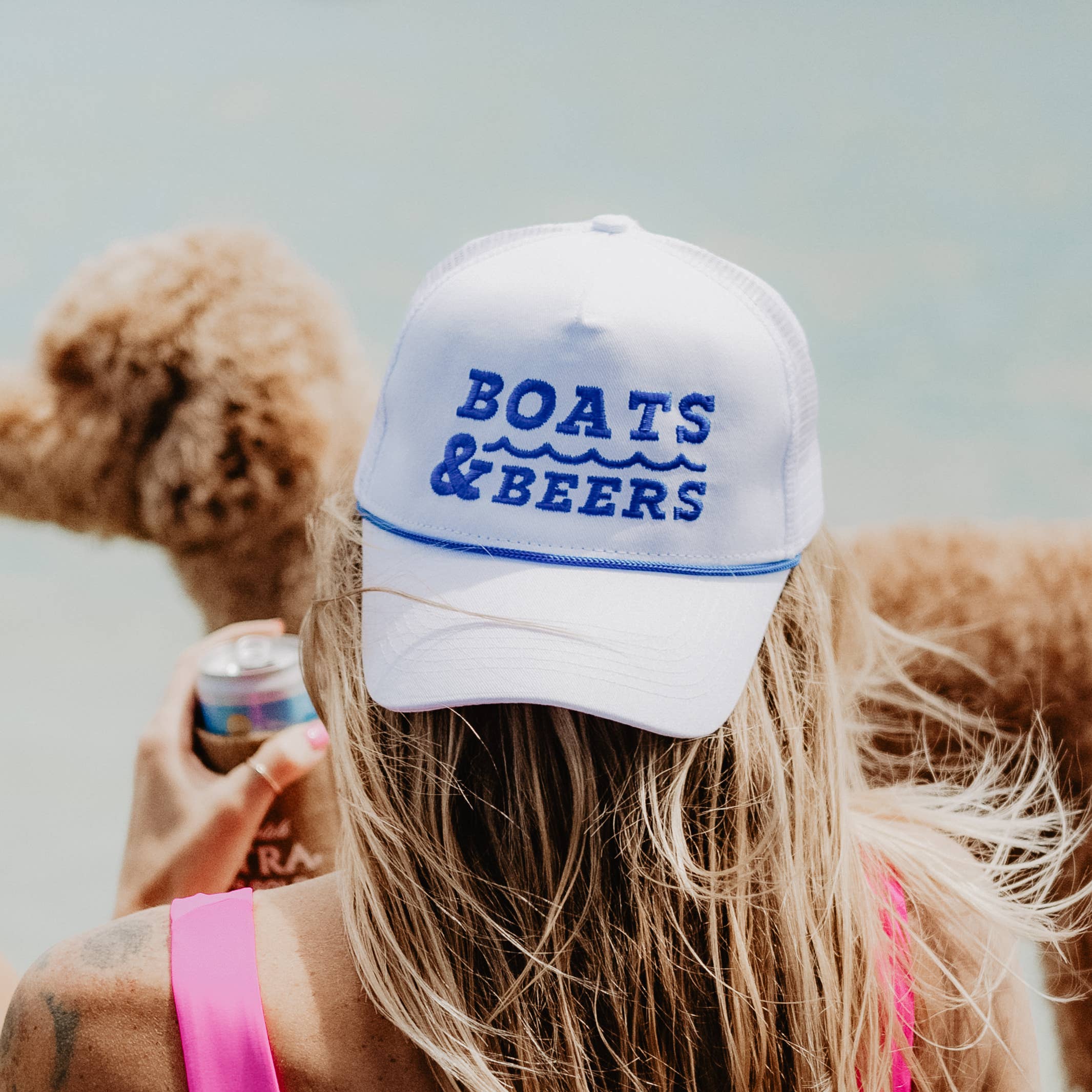 Boats & Beers Trucker Cap with Rope: White