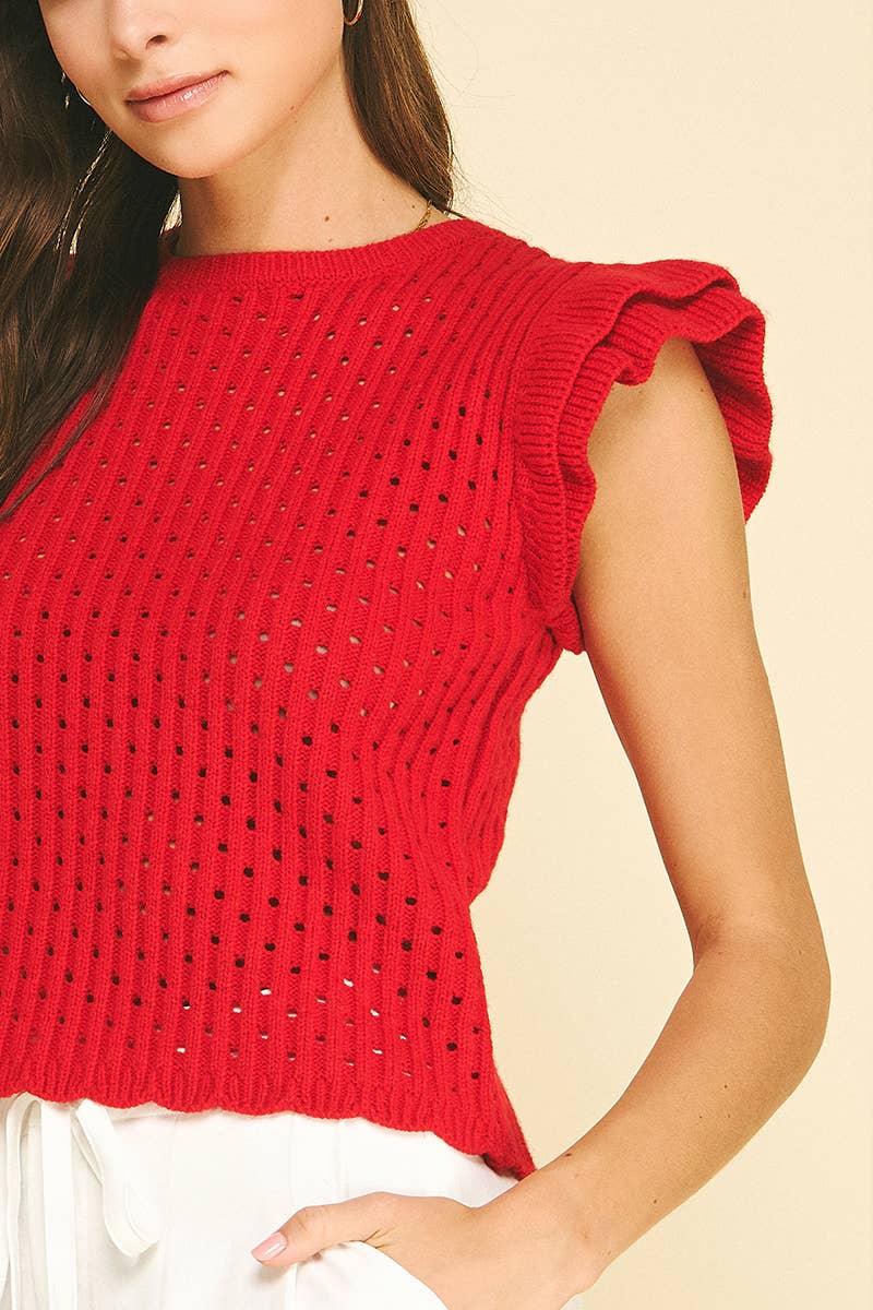 RUFFLE SLEEVE OPNE-KNIT TOP