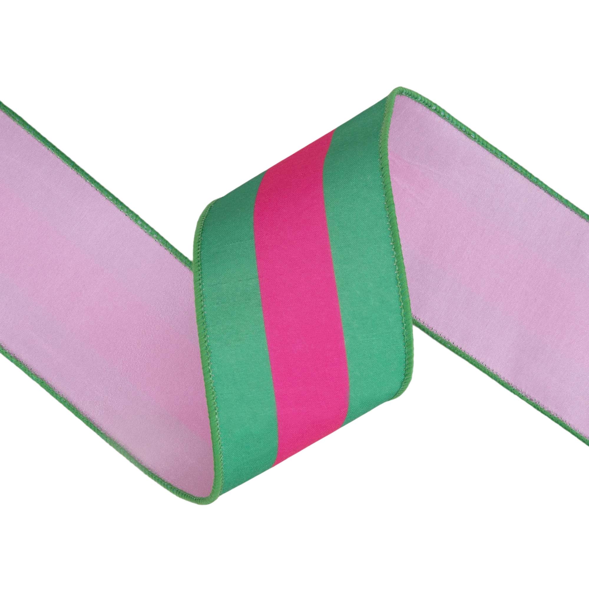 Wired Dupioni Ribbon Hot Pink Green Stripe 10 Yard Roll