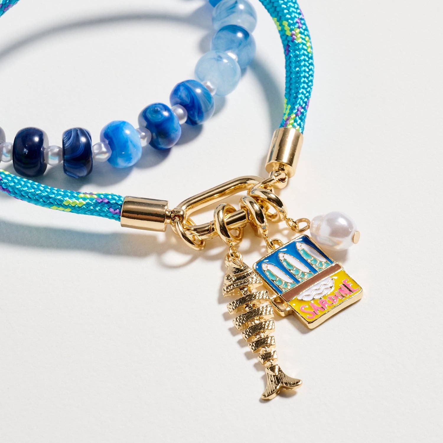 Double Layer Beaded Stretch & Cord Bracelet with Gold Tone Charms