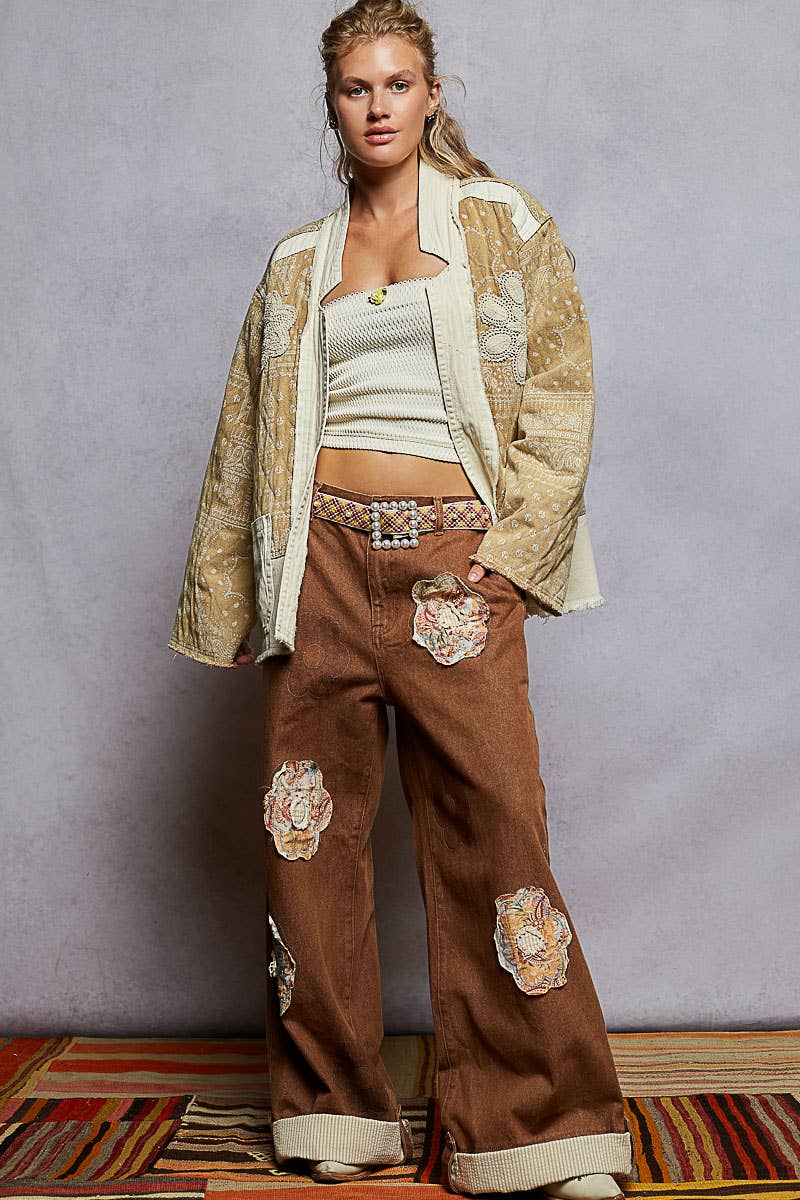 Paisley Pattern Patch Detail Quilted Woven Twill Jacket