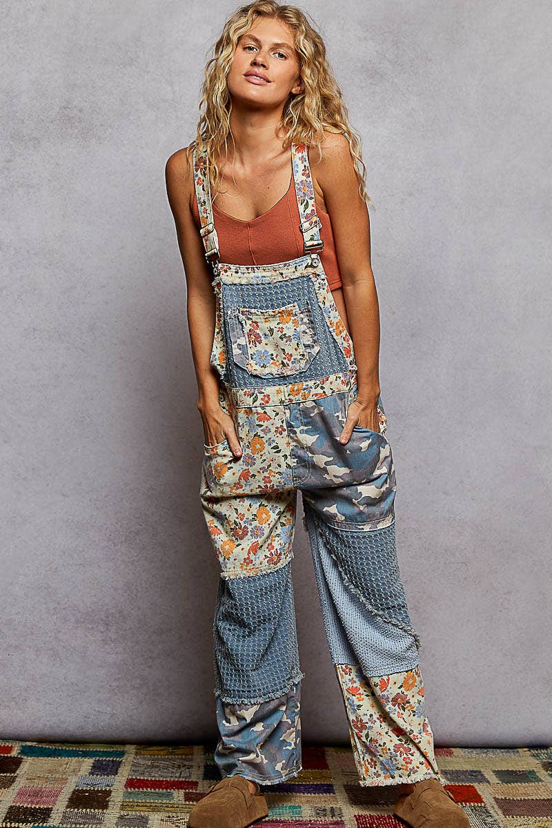 Amelia printed floral print frayed edge twill woven overalls