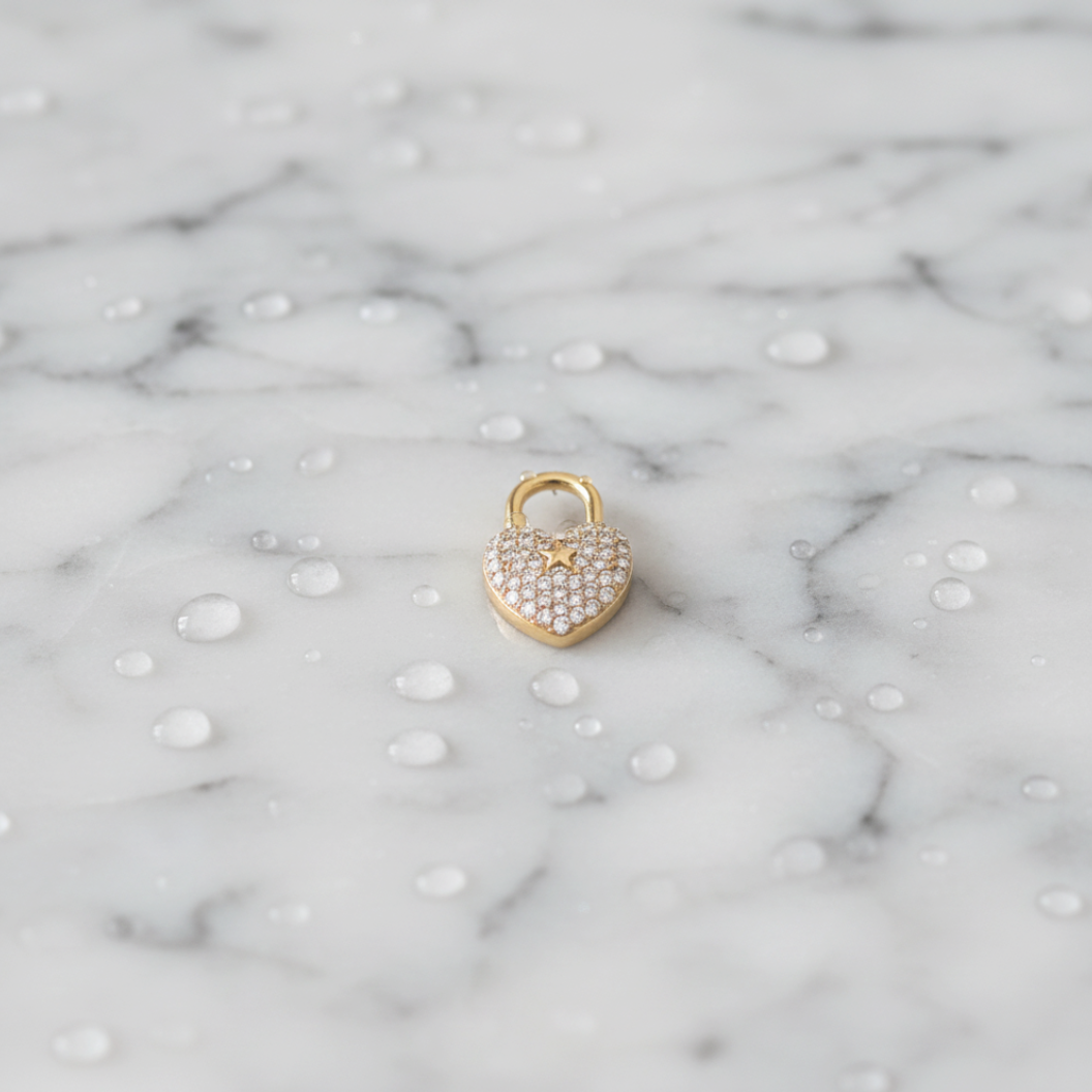 Gold Stellar Cubic Zirconia Heart Lock Charm | Waterproof Stainless Steel