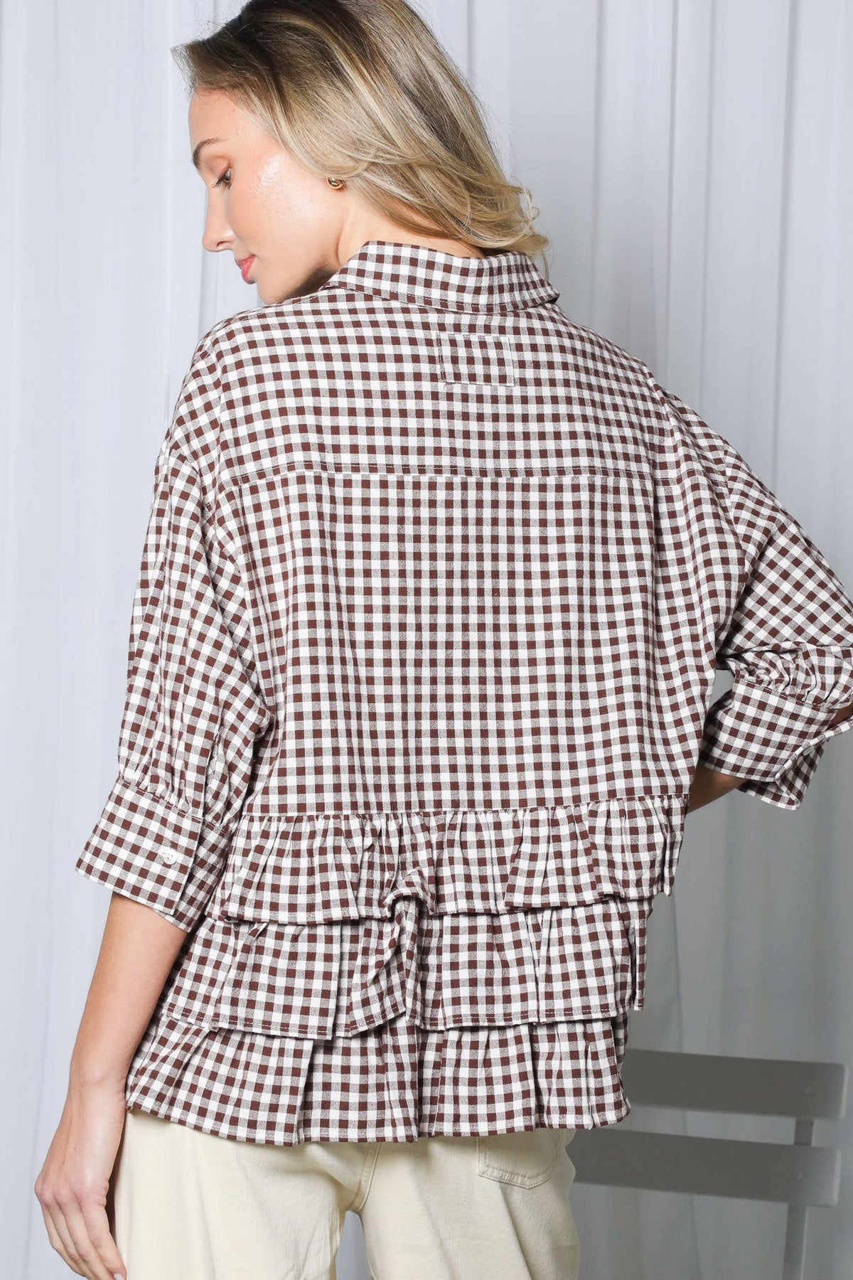 Gingham Puff Sleeve Ruffle Accent Top