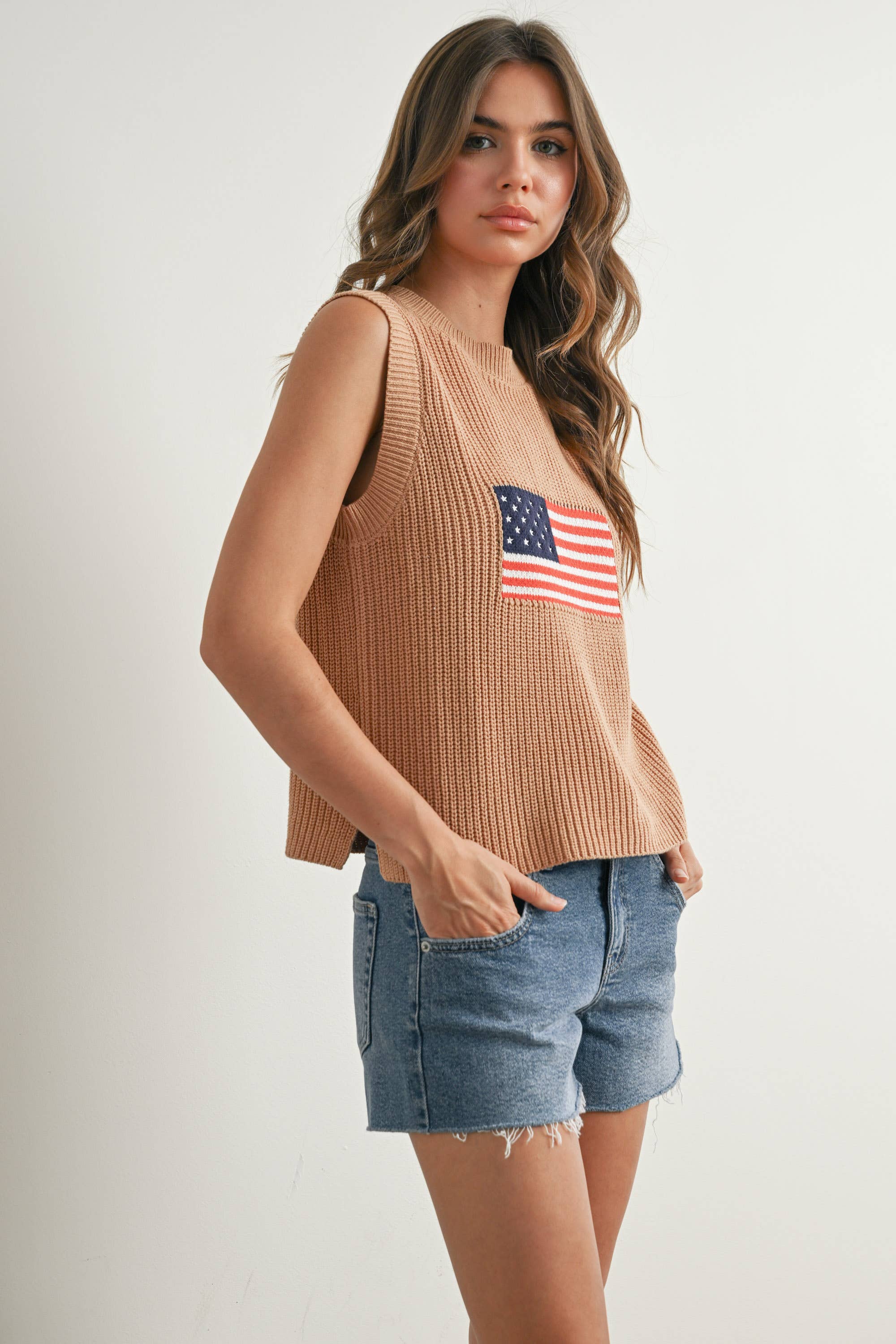 Flag Print Knitted Sleeveless Sweater - BMW7749