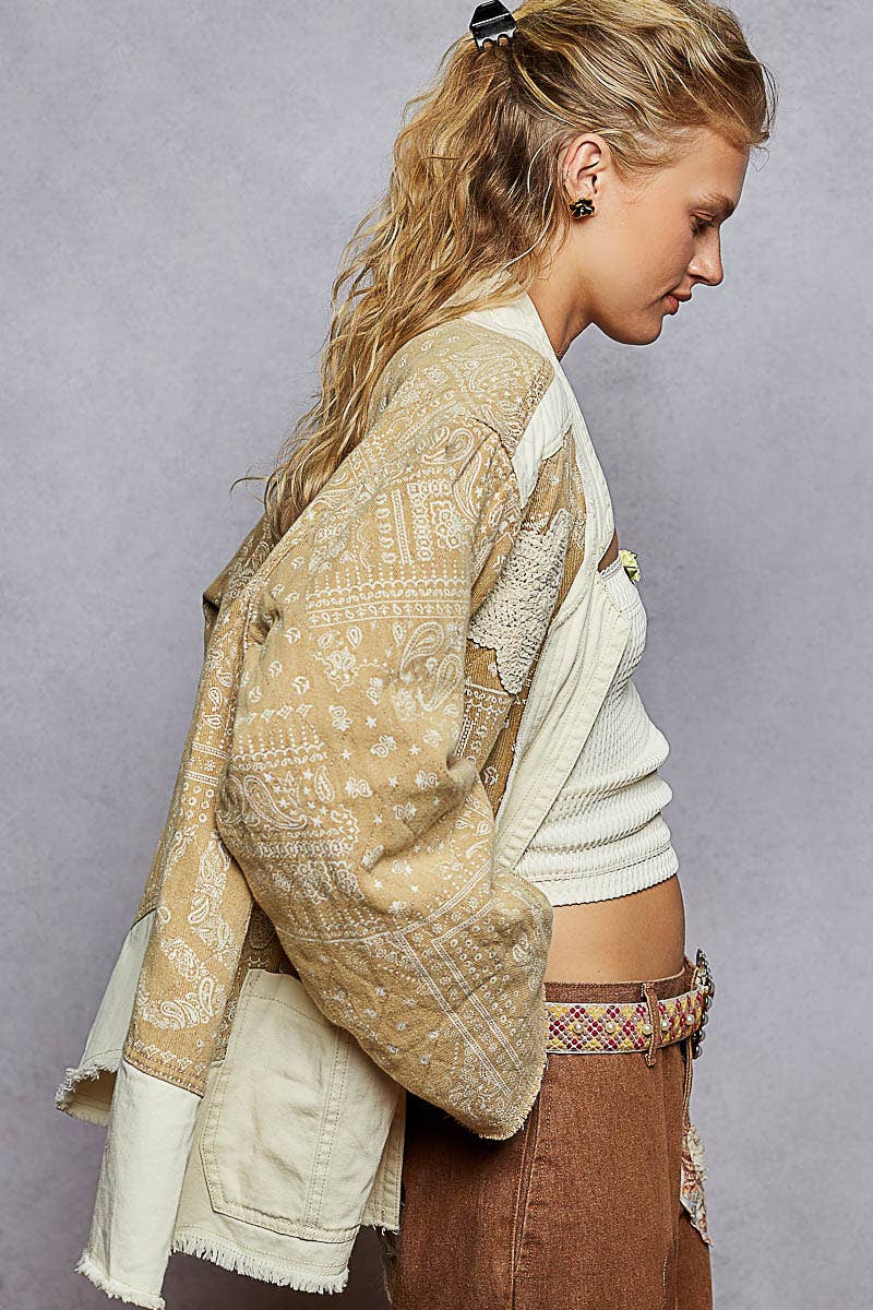 Paisley Pattern Patch Detail Quilted Woven Twill Jacket