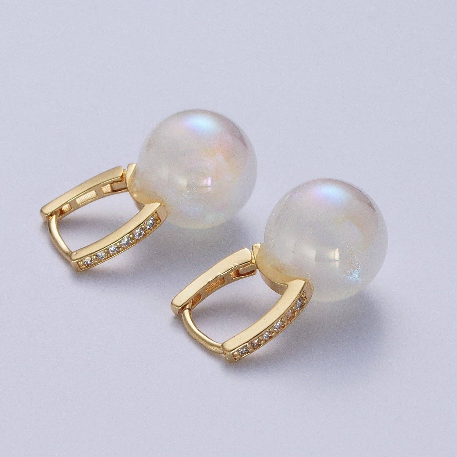 24K Gold Filled Leverback Earrings Small Huggie Hoops Earrings with Round Ball Pastel AB Color Drop Q-339 Q-353