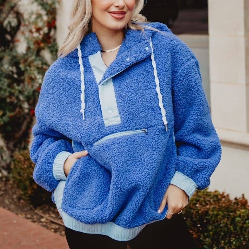 Blue Two-Toned Sherpa Fleece Pullover