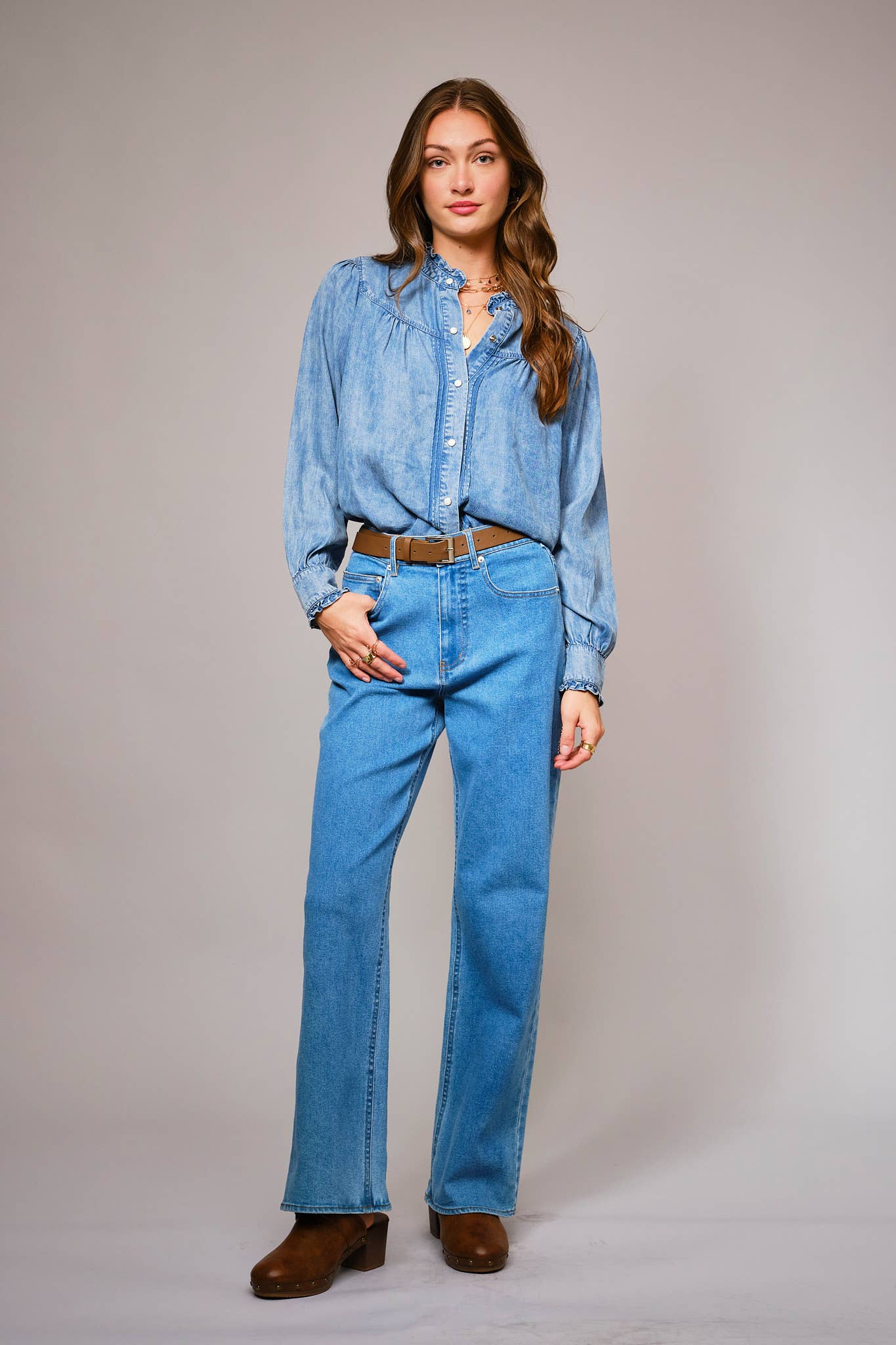 Ruffle Neck Denim Snap Button Shirt