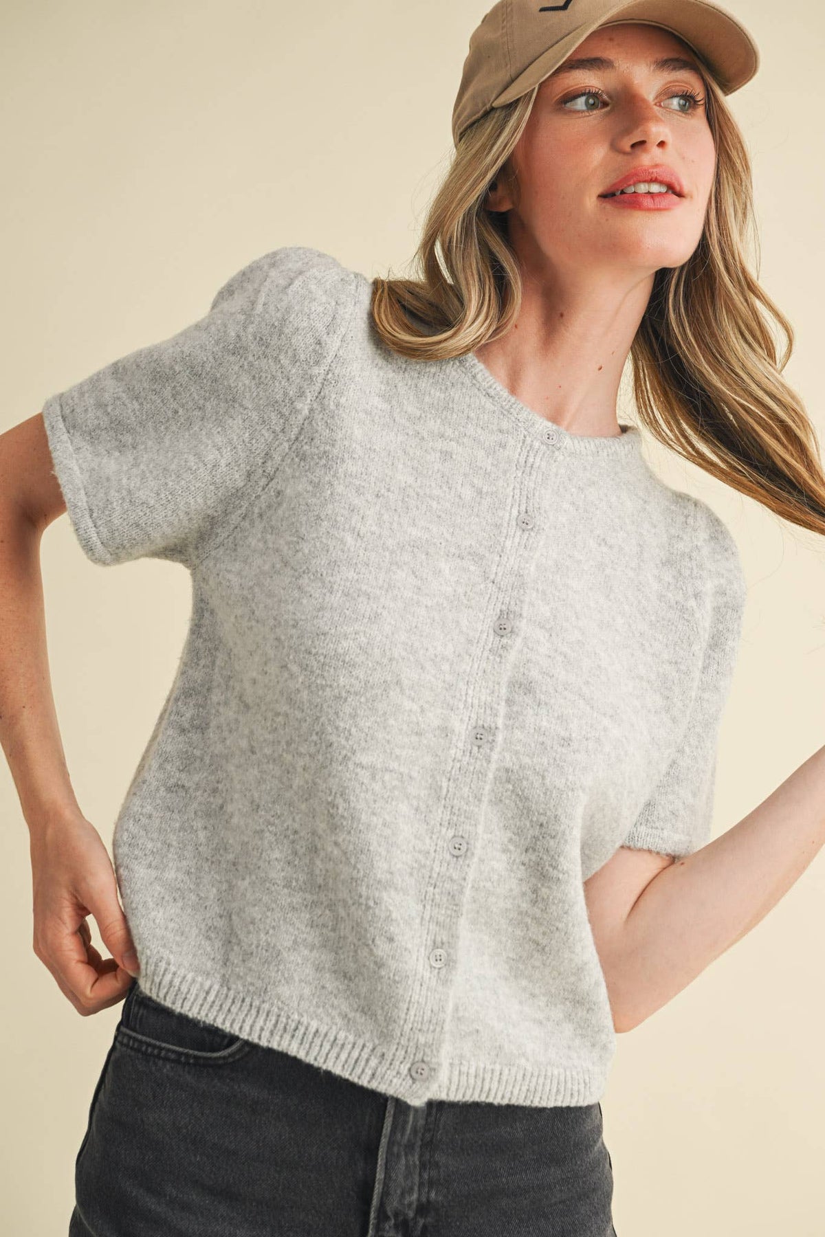 SHORT PUFF SLEEVE SWEATER CARDIGAN