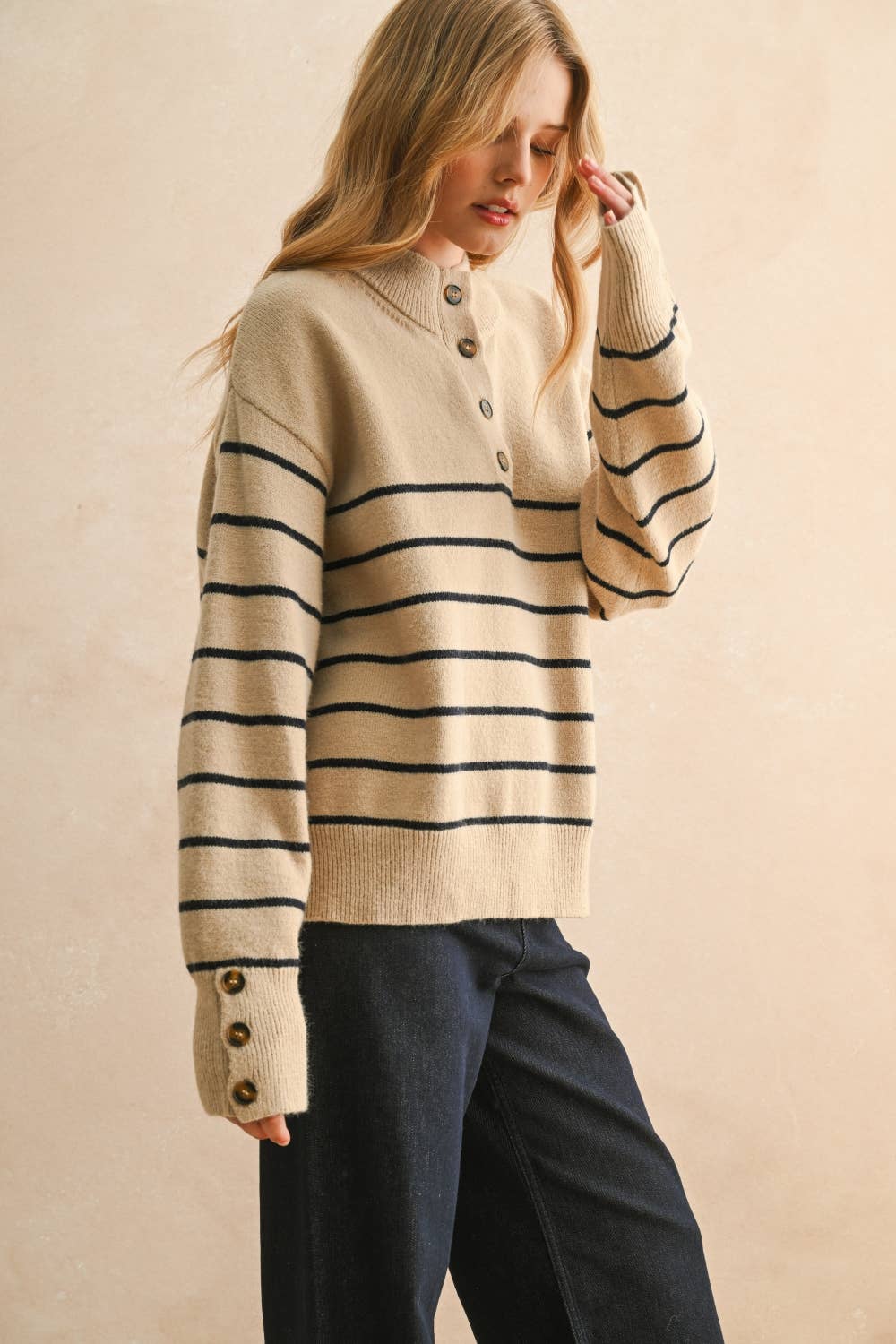 STRIPED HALF BUTTON UP SWEATER TOP