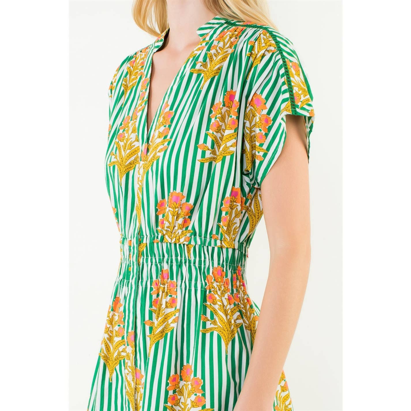 Short Sleeve Striped Floral Pattern Dress