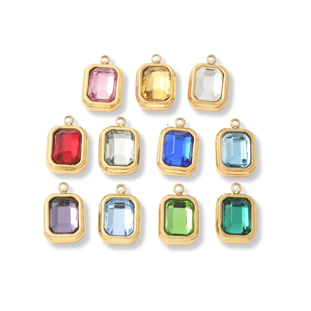 Gold Emerald Cut Assorted Gemstone Charm | Waterproof Stainless Steel