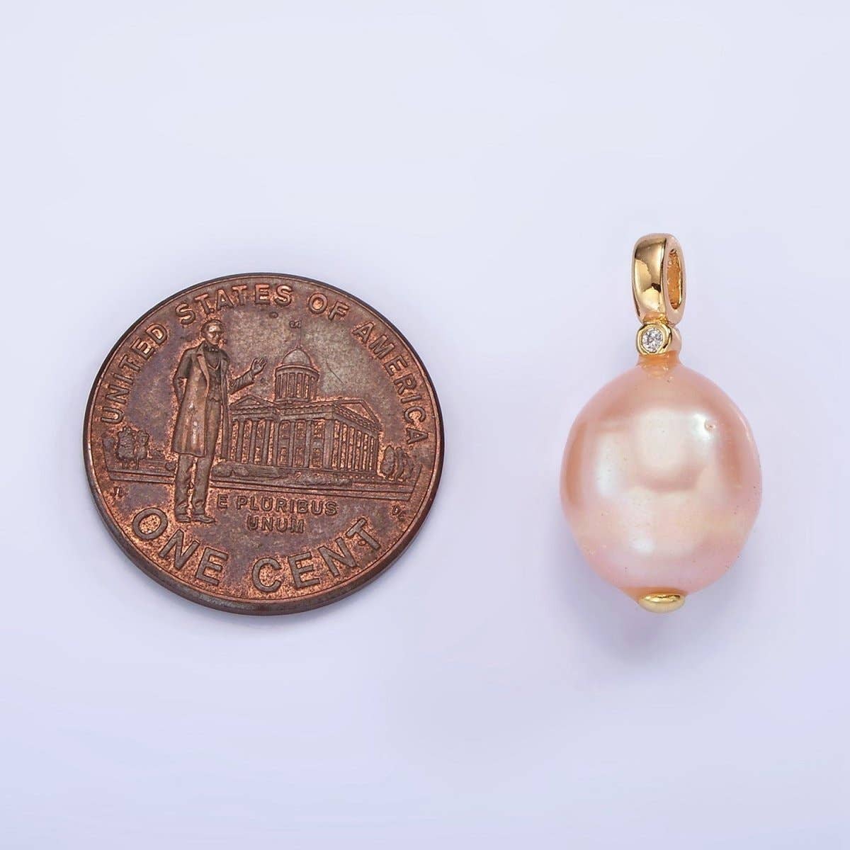 14K Gold Filled Pink Lavender, Pink Ringed Button CZ Pearl Pendant