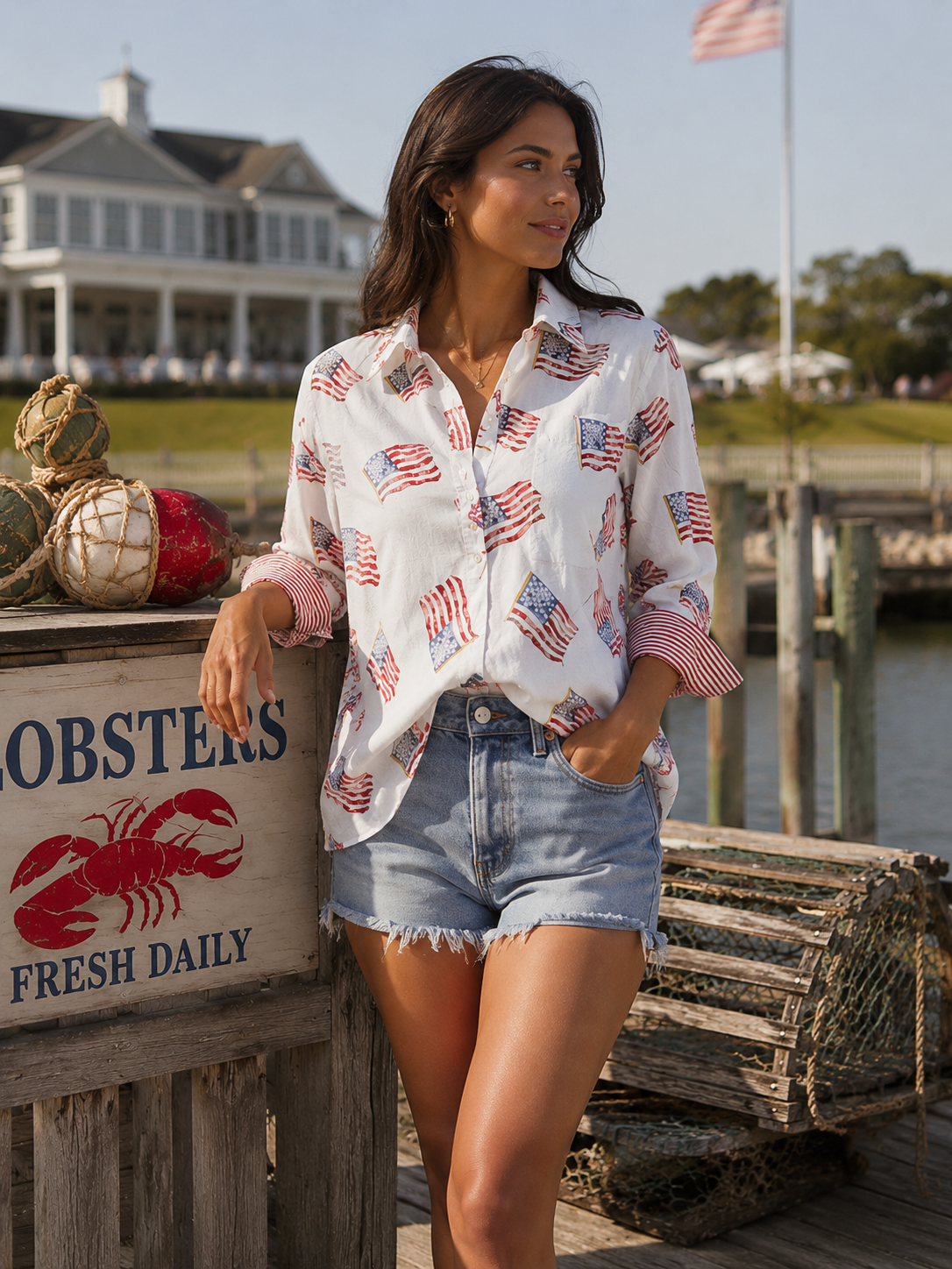 3/4 Sleeve Cotton Flag Print Blouse in White ships June 1