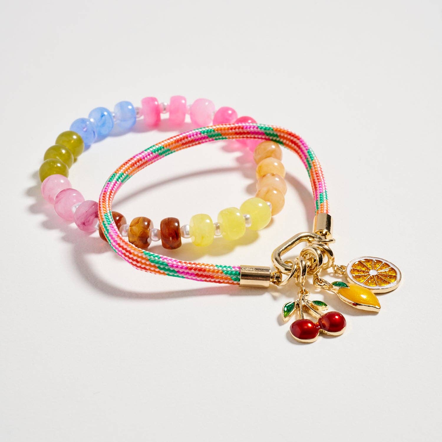 Double Layer Beaded Stretch & Cord Bracelet with Gold Tone Charms