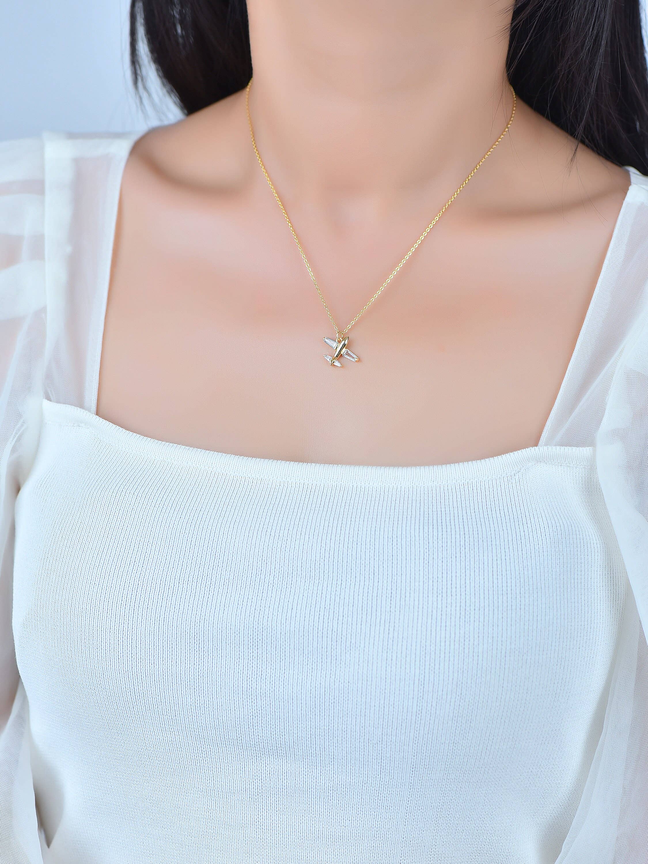 Gold CZ Airplane Dainty Charm
