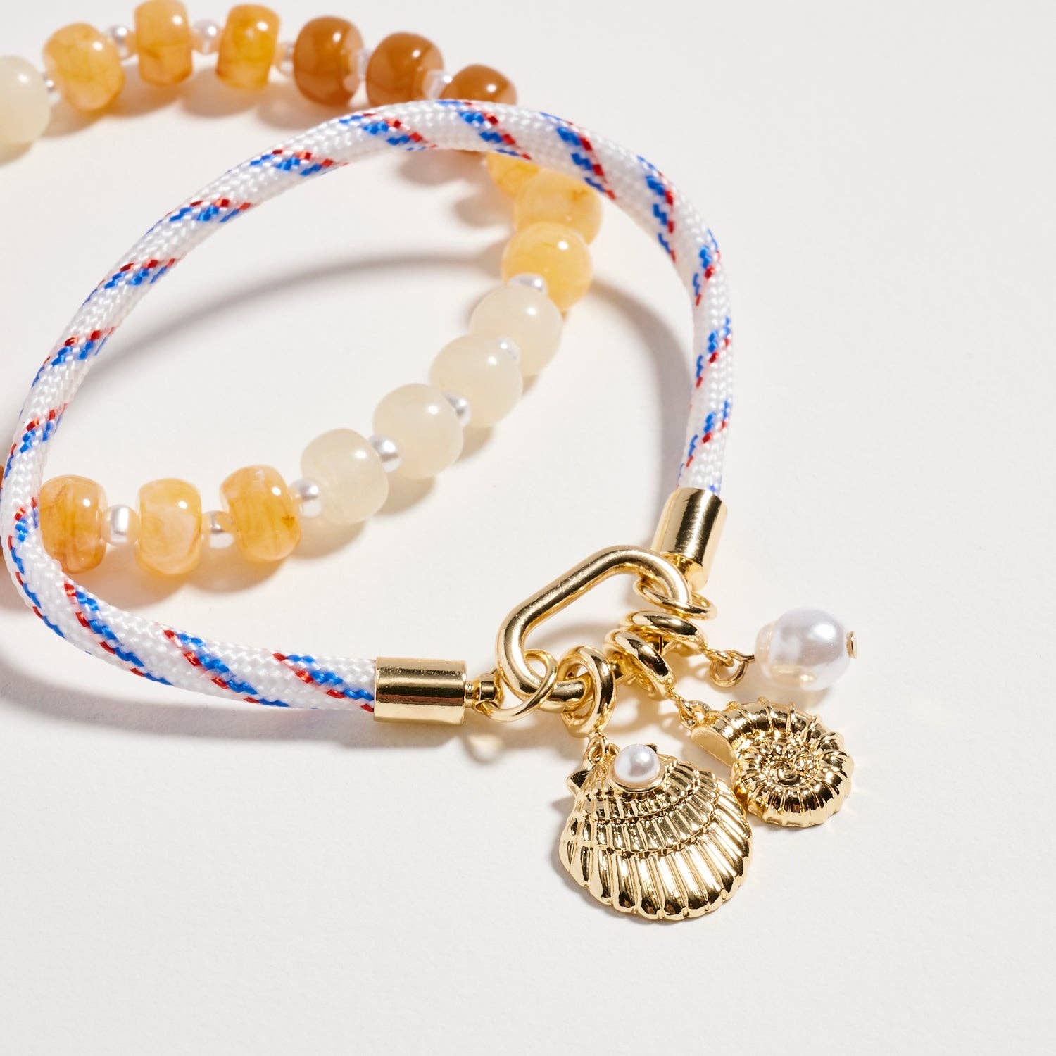Double Layer Beaded Stretch & Cord Bracelet with Gold Tone Charms