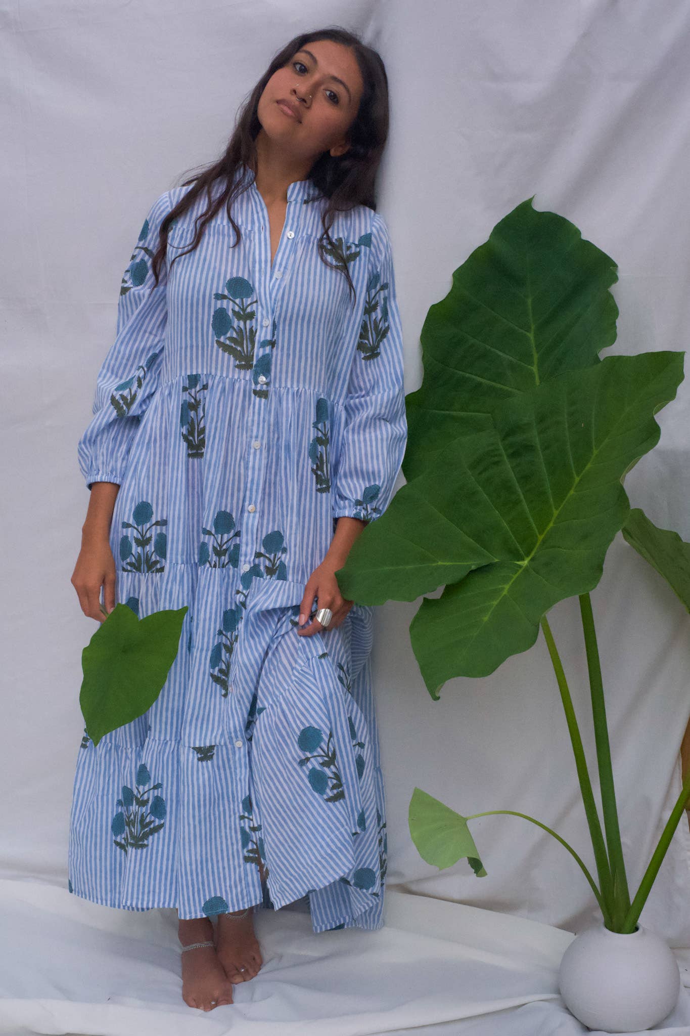 Venus Midi Dress ~ Blue Stripes & Floral