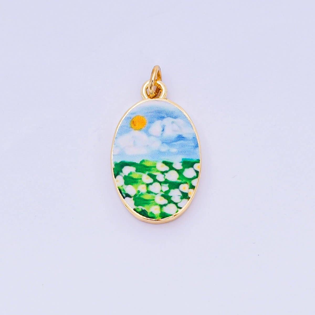 24K Gold Filled Enamel Art Oval Spring Charm in Flower, Butterfly, & Nature