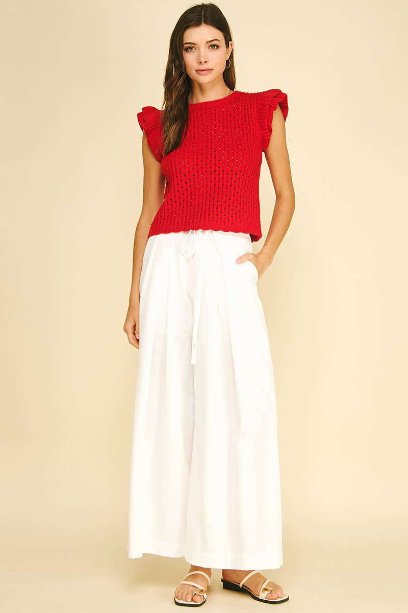 RUFFLE SLEEVE OPNE-KNIT TOP