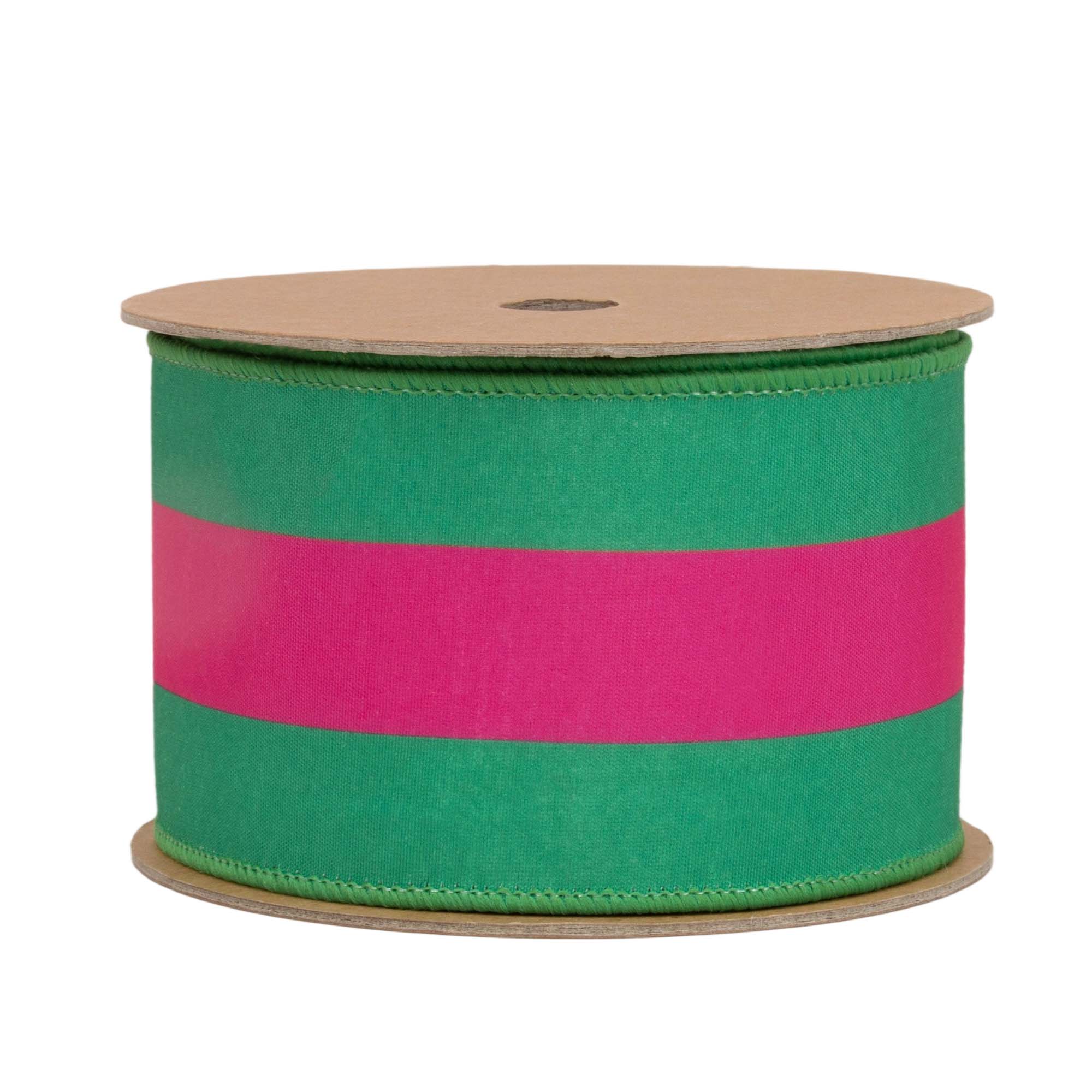 Wired Dupioni Ribbon Hot Pink Green Stripe 10 Yard Roll